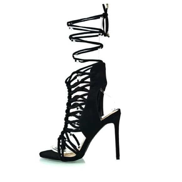 Lace Up Heels Black Soft Suede Strappy Sandal Round Open Toe High Slender Heel - Picture 1 of 5